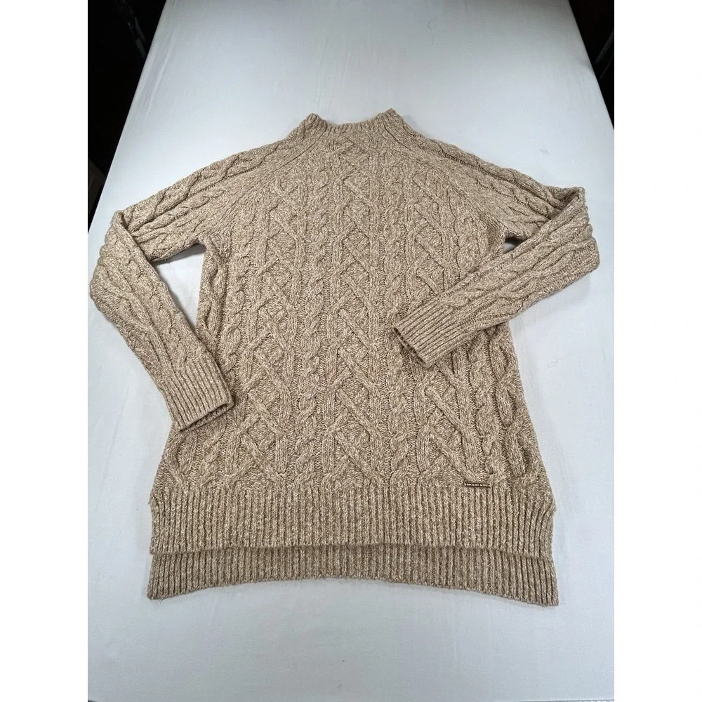 Michael Kors Women's M Cable Knit Fisherman Mock Neck Sweater Brown Camel Soft